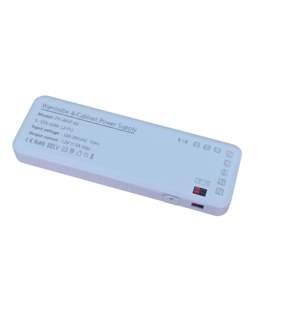 Zasilacz napięciowy AMP  ZN-AMP-60  60W 12VDC 5A biały z przewodem sieciowym 120cm, 1xgniazdo przewód ,8xgniazdo AMP 180x60x18,
