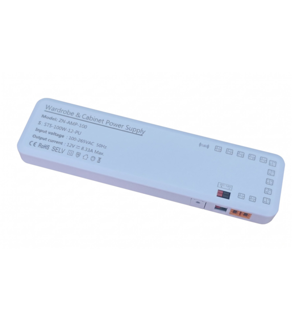 Zasilacz napięciowy AMP  ZN-AMP-100  100W 12VDC 8,33A biały z przewodem sieciowym 120cm, 1xgniazdo przewód ,12xgniazdo miniAMP 215x60x18,