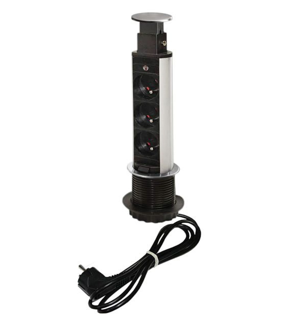 Port SLIM-3x230-SN-PR 10503 z  przewodem 3 gniazda 230VAC 16A, inox (szlif), przewód sieciowy 2m z wtyczką