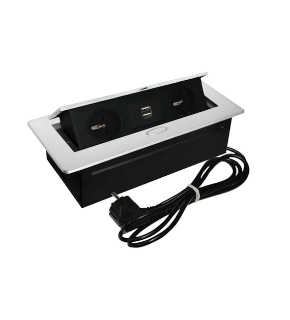 Port OVAL1-2GN230-2USBC-AL z przewodem 2x230VAC 10A,2xUSB 5V 2,1A  alu charger, przewód sieciowy 2m z wtyczką