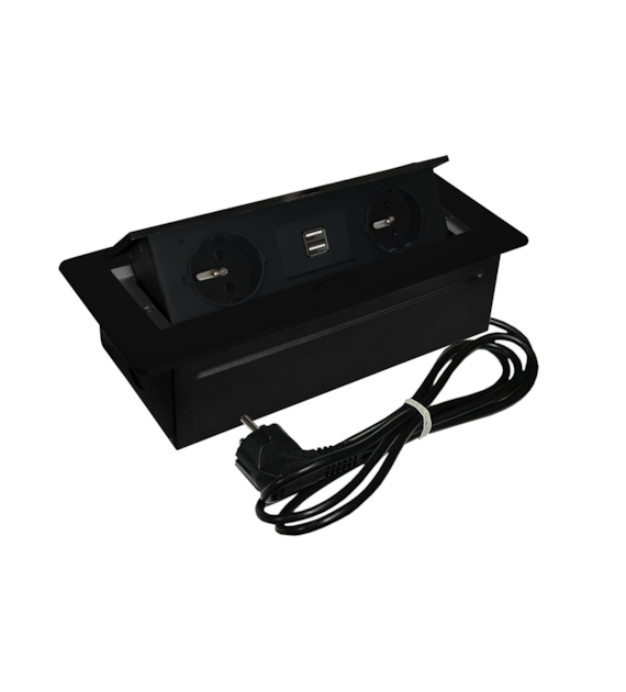 Port OVAL1-2GN230-2USBC-CZ z przewodem 2x230VAC 10A,2xUSB 5V charger  2,1A  czarny, przewód sieciowy 2m z wtyczką