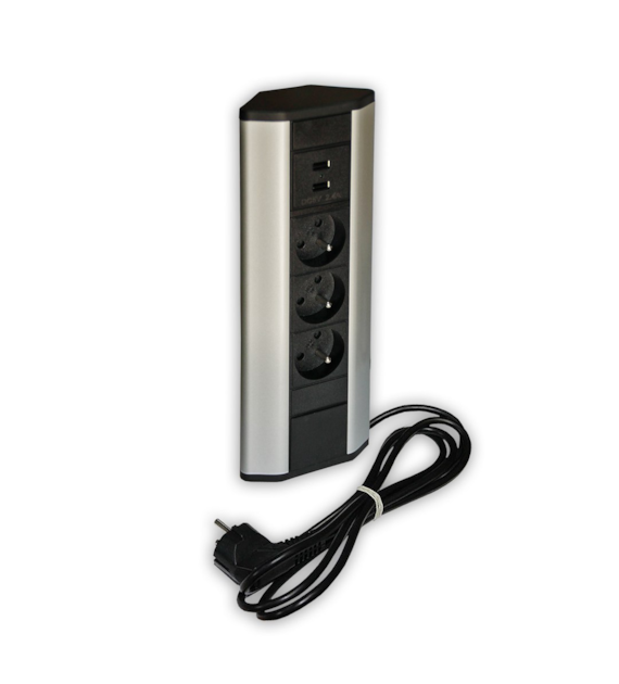 Port CORNER-USB-3x230-2xUSBC-ALP PR 4603 3 gniazda 230VAC 16A, 2 gniazda USB 5VDC  z ładowarką, alu, przewód sieciowy 2m z wtyczką