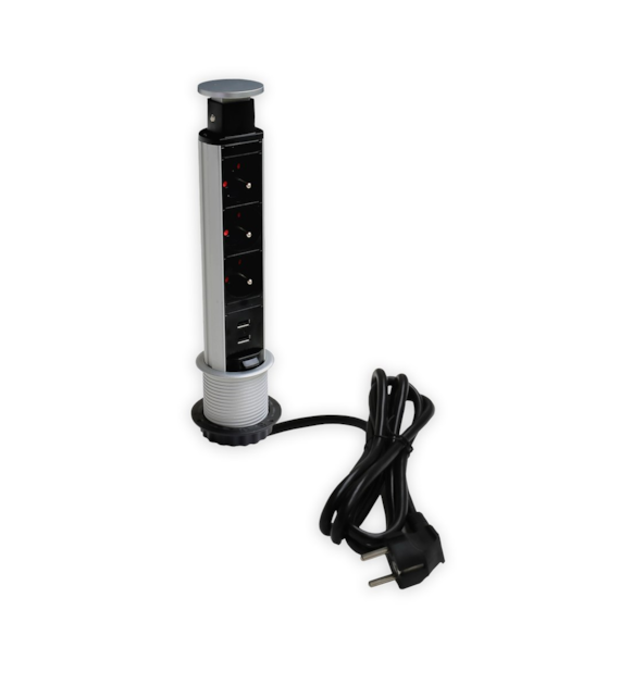 Port SLIM-3x230-2UC-AL-PRZ 10503-2UC 3 gniazda 230VAC 16A, 2 gniazda USB charger 5VDC, 2,1A, alu, przewód sieciowy 2m z wtyczką