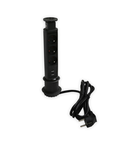 Port SLIM-3x230-2UC-CZ-PRZ 10503-2UC 3 gniazda 230VAC 16A, 2 gniazda USB charger 5VDC, 2,1A, czarny , przewód sieciowy 2m z wtyczką