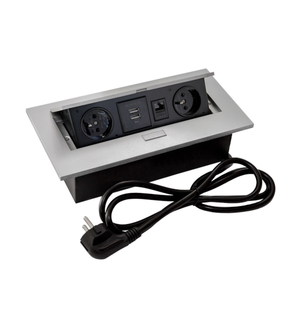 Port FLEXI2-GN230-2USBCH-RJ45-AL przewód 2x230VAC, 2xUSB charger, RJ45, alu, przewód sieciowy 2m z wtyczką
