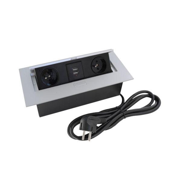 Port FLEXI1-GN230-2USBC-AL z przew. 2x230VAC 16A,2xUSBcharger,alu, przewód sieciowy 2m z wtyczką