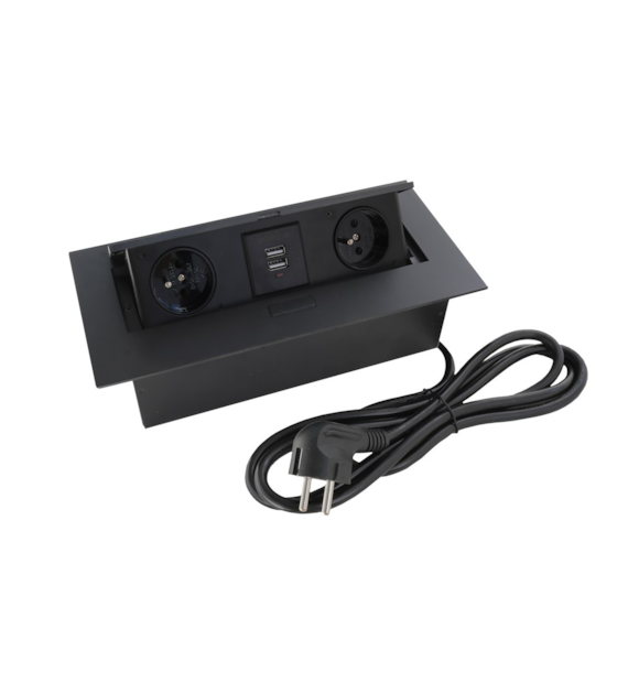 Port FLEXI1-GN230-2USBC-CZ z przew. 2x230VAC 16A,2xUSBcharger,czarny, przewód sieciowy 2m z wtyczką