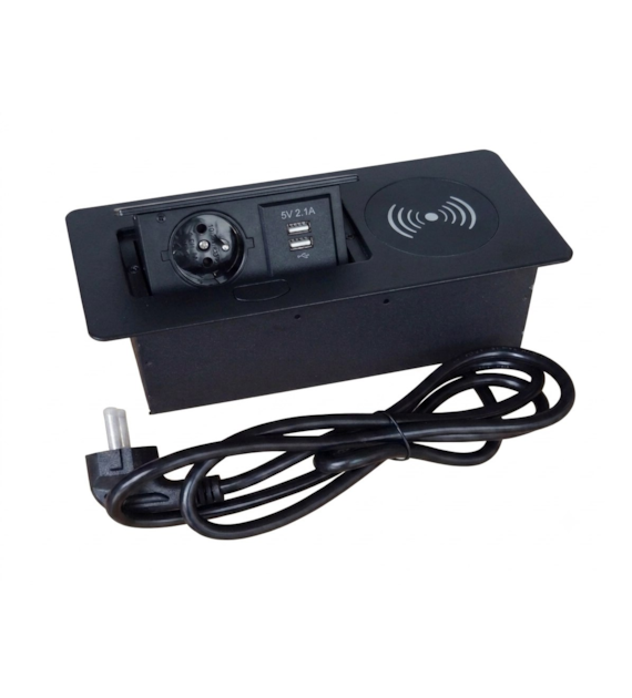 Port AVILIO-1xGN230-2xUSB-A-1xIND-CZ czarny, 1gniazdo 230VAC 10A, 1 gniazdo USB-C, 1gniazdo USB-A,  1ładowarka indukcyjna ,  5V charger  2,1A   przewód sieciowy 2m z wtyczką