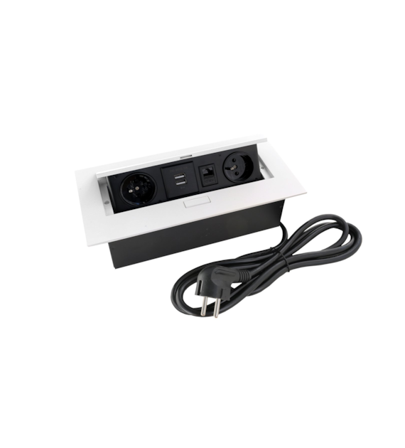Port FLEXI1-GN230-2USB-A-RJ45-BI przewód 2x230VAC 10A,2xUSB-A charger,1xRJ45  biały, przewód sieciowy 2m z wtyczką