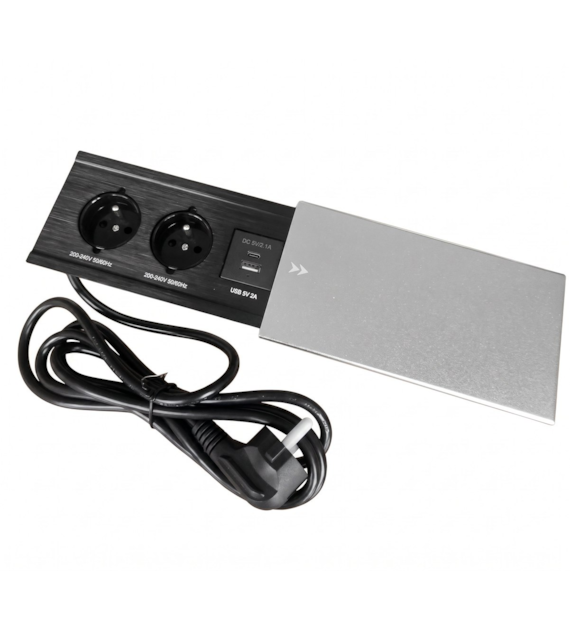 Port MODUŁ3-2x230-USB-AL-P z przewodem 2 gniazda 230VAC, USB-A+C charger 5VDC, alu, przewód sieciowy 1,8m z wtyczką