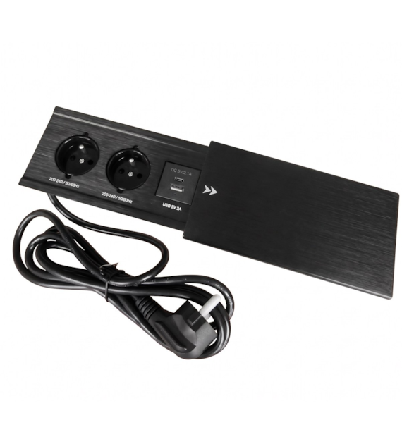 Port MODUŁ3-2x230-USB-CZ-P czarny 2 gniazda 230VAC, USB-A+C charger, czarny, przewód sieciowy 2m z wtyczką