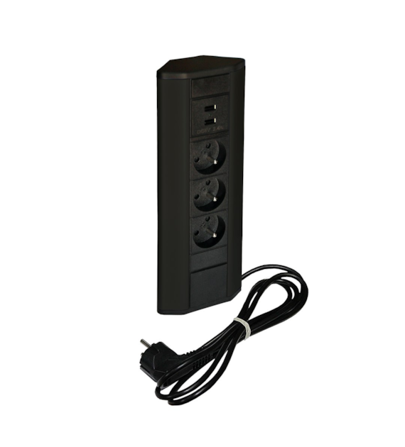 Port CORNER-USB-3x230-2xUSBC-CZP PR 4603 3 gniazda 230VAC 16A, 2 gniazda USB 5VDC  z ładowarką, czarny, przewód sieciowy 2m z wtyczką