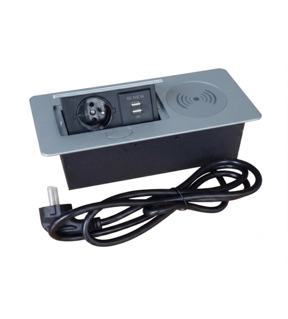 Port AVILIO-1xGN230-1xUSB-C-1xUSB-A-1xIND-SR srebrny, 1gniazdo 230VAC 10A, 1 gniazdo USB-C, 1gniazdo USB-A,  1ładowarka indukcyjna ,  5V charger  2,1A   przewód sieciowy 2m z wtyczką