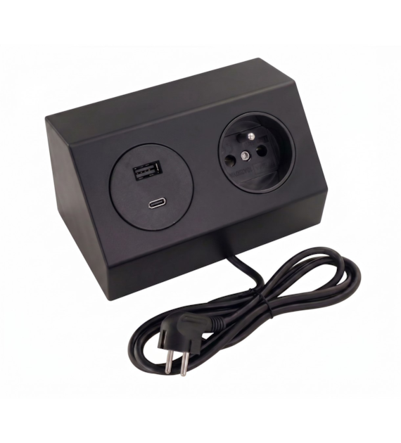 Port CORNER2-USB-CZ 1xgniazdo 230VAC 16A+1xUSB-C+1xUSB-A 5VDC 3A , czarny, przewód sieciowy 2m 3x1,5mm2 z wtyczką