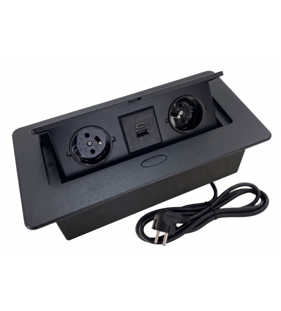 Port OVAL3-USB-CZ GN2x230/1xUSB-A/1xUSB-C 16A, czarny, przewód sieciowy 1,5m z wtyczką