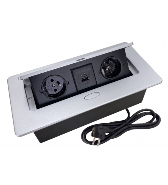 Port OVAL3-USB-SR GN2x230/1xUSB-A/1xUSB-C 16A, srebrny, przewód sieciowy 1,5m z wtyczką