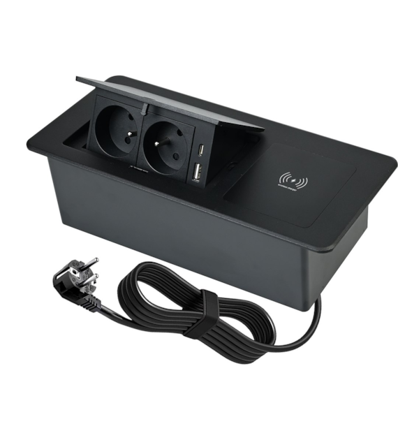 Port AVILIO2-2xGN230-2xUSB-A/C-1xŁB-CZ czarny, 2x gniazda 230VAC 16A, 1x gniazda USB-A,USB-C,  1x ładowarka bezprzewodowa,  5V charger  3A   przewód sieciowy 1,8m z wtyczką