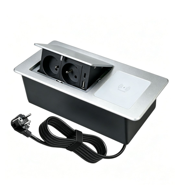 Port AVILIO2-2xGN230-2xUSB-A/C-1xŁB-SR srebrny, 2x gniazda 230VAC 16A, 1x gniazda USB-A,USB-C,  1x ładowarka bezprzewodowa,  5V charger  3A   przewód sieciowy 1,7m z wtyczką