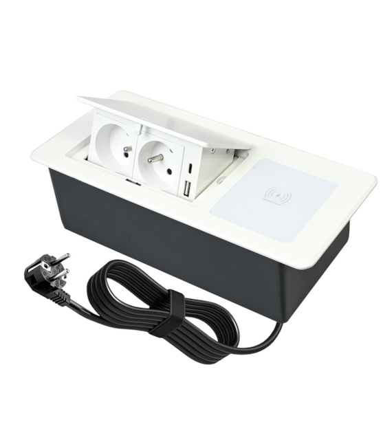 Port AVILIO2-2xGN230-2xUSB-A/C-1xŁB-BI biały, 2x gniazda 230VAC 16A, 1x gniazda USB-A,USB-C,  1x ładowarka bezprzewodowa,  5V charger  3A   przewód sieciowy 1,7m z wtyczką